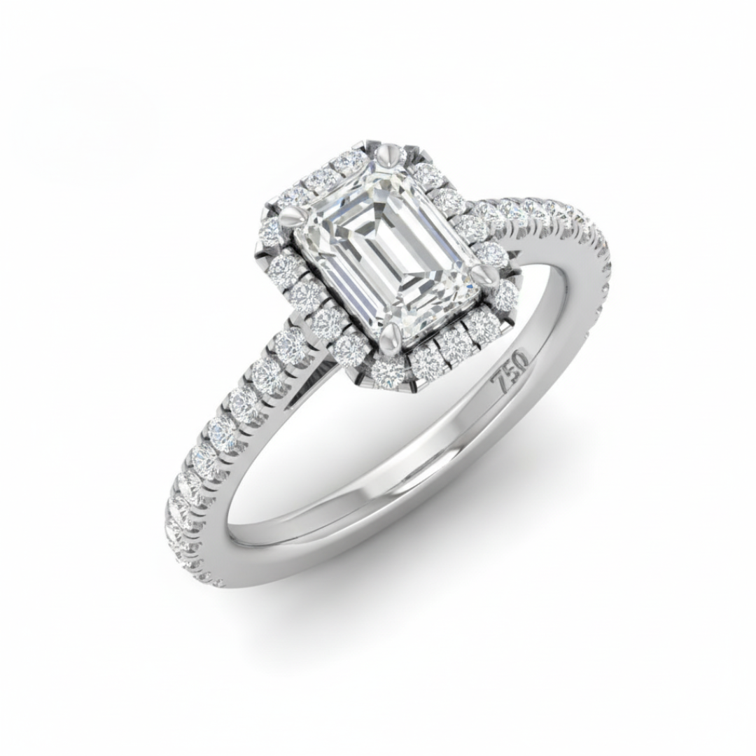Belle Emerald Cut Diamond Engagement Ring with Diamond Halo & Diamond Band
