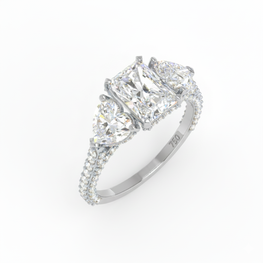Vidhi Radiant Cut Diamond Engagement Ring with Heart Cut Side Diamonds and 3D Diamond Band