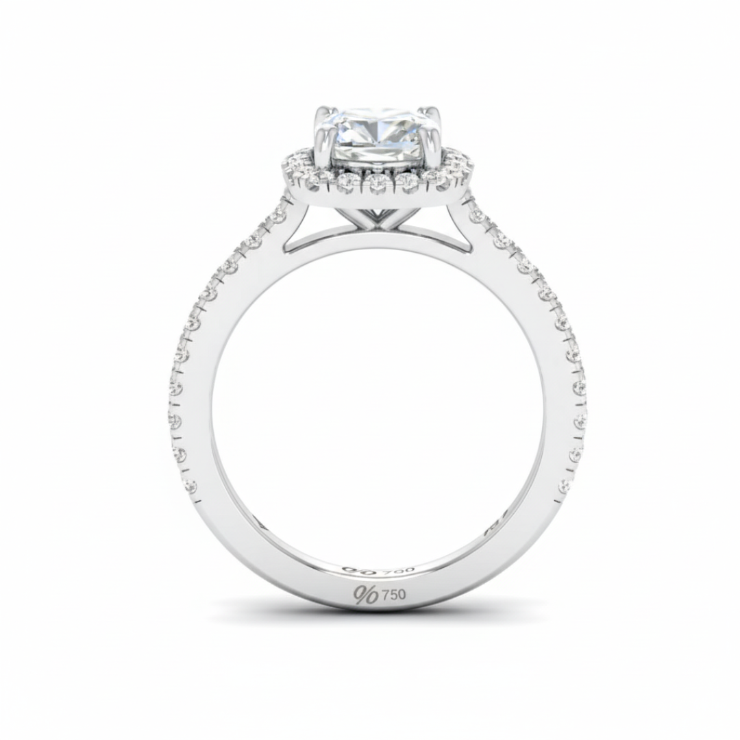 Belle Cushion Cut Diamond Engagement Ring with Diamond Halo & Diamond Band