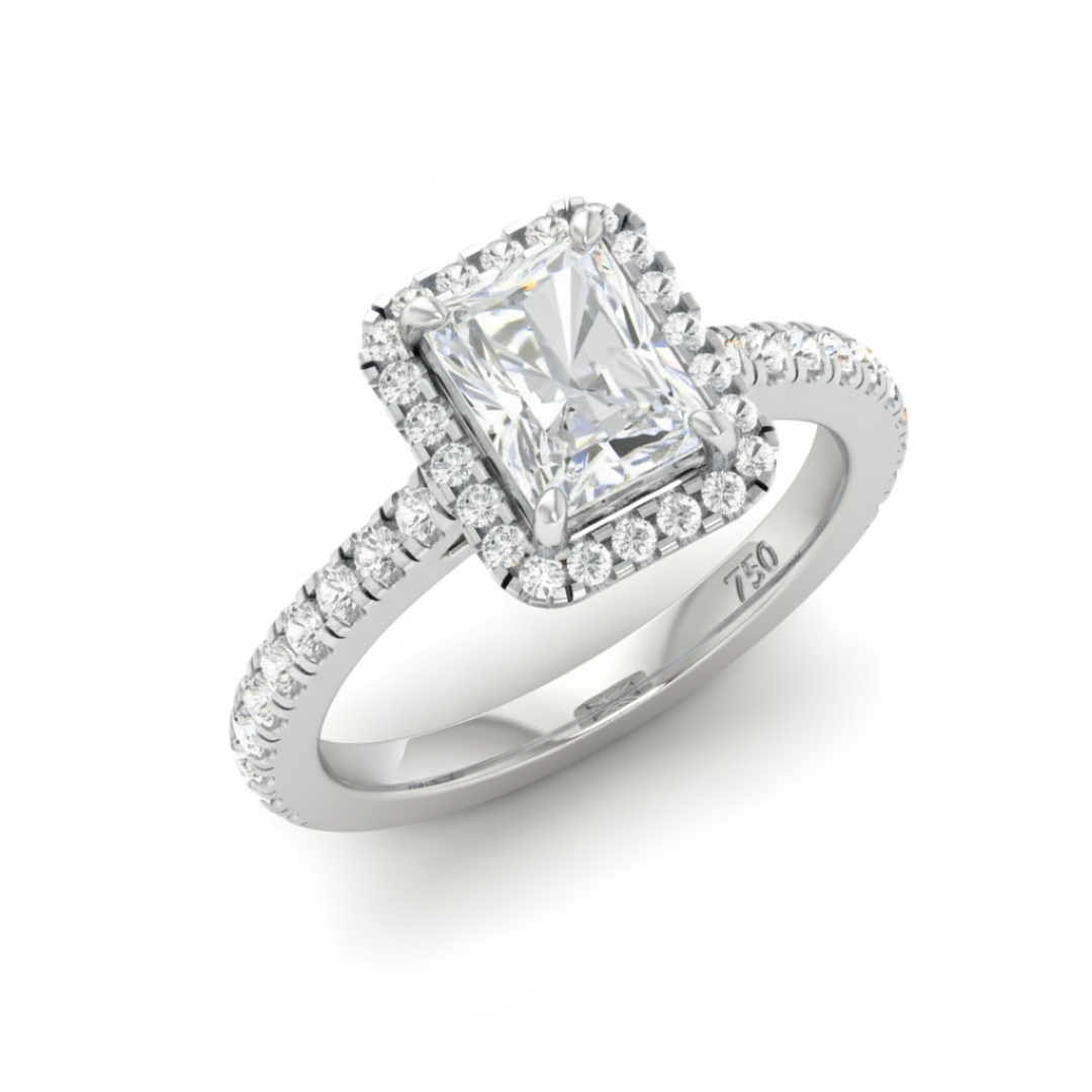 Belle Radiant Cut Diamond Engagement Ring with Diamond Halo & Diamond Band