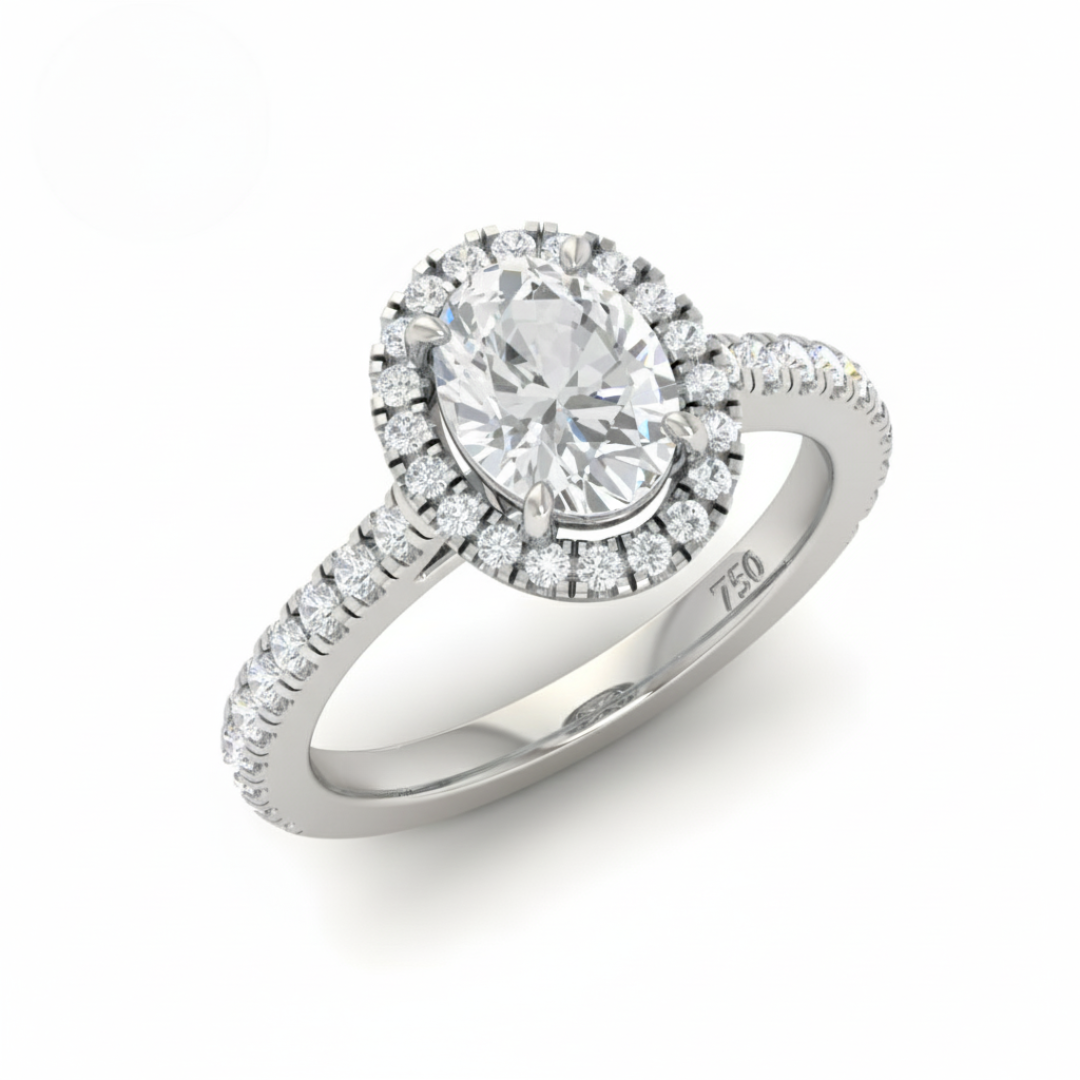 Belle Oval Cut Diamond Engagement Ring with Diamond Halo & Diamond Band