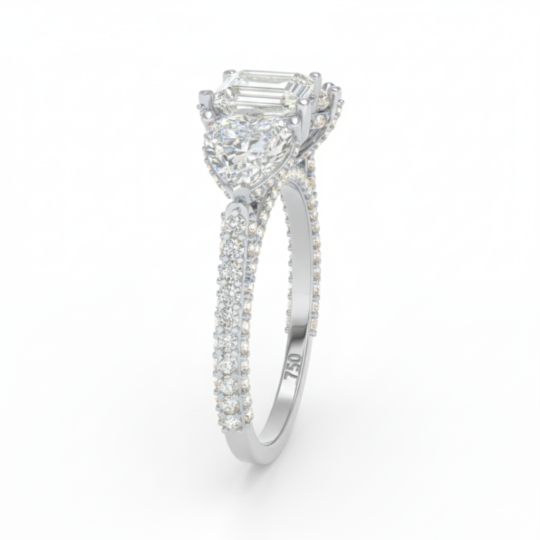 Vidhi Heart Cut Diamond Engagement Ring with Heart Cut Side Diamonds and 3D Diamond Band