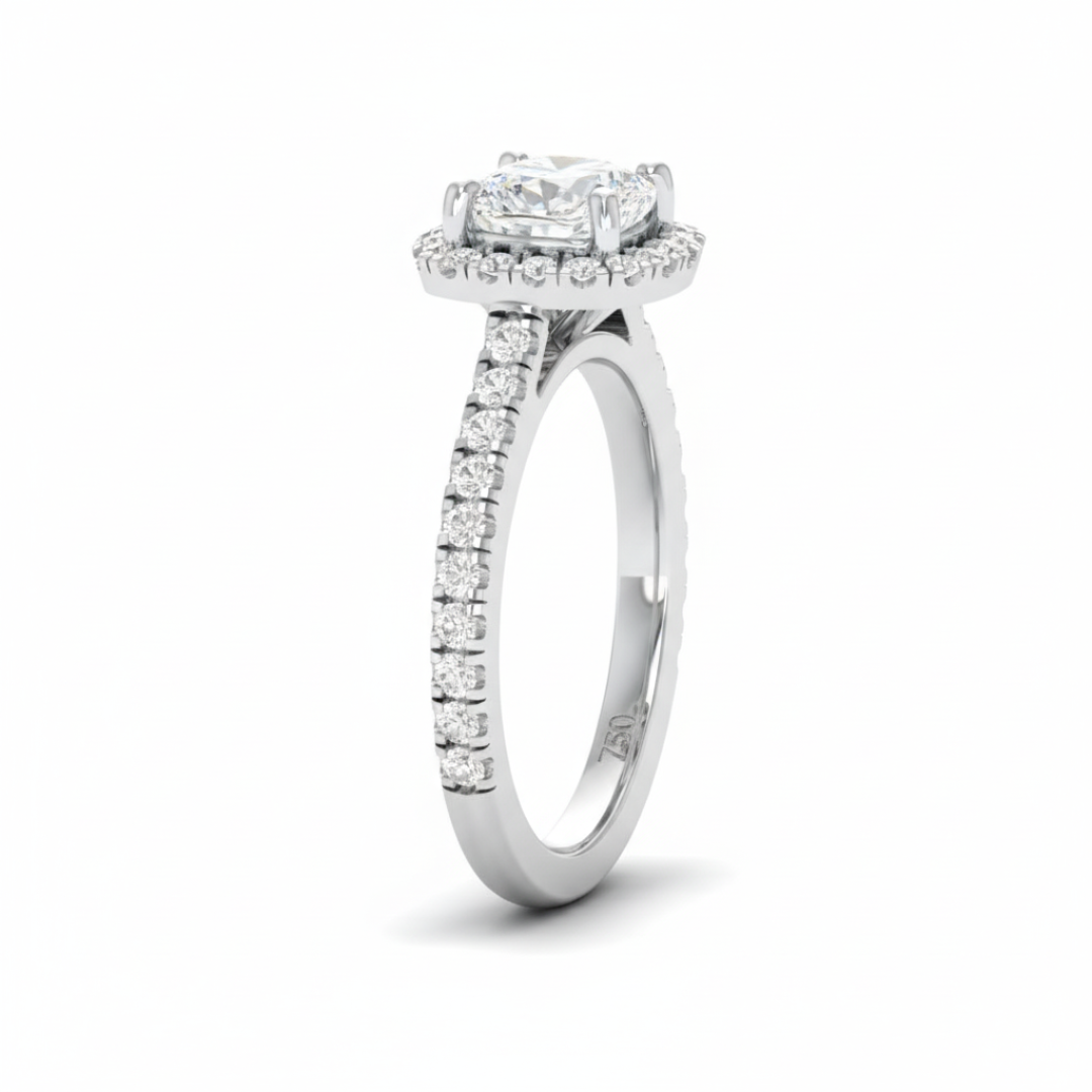 Belle Cushion Cut Diamond Engagement Ring with Diamond Halo & Diamond Band