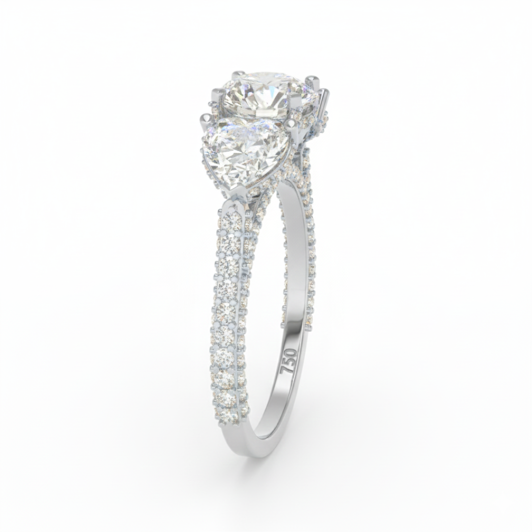 Vidhi Round Cut Diamond Engagement Ring with Heart Cut Side Diamonds and 3D Diamond Band