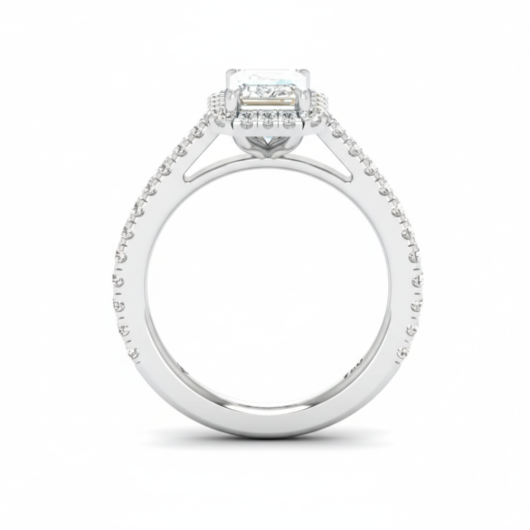 Belle Emerald Cut Diamond Engagement Ring with Diamond Halo & Diamond Band