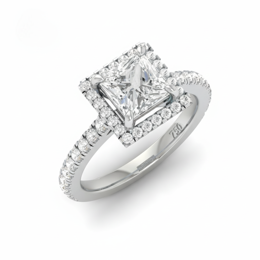 Belle Princess Cut Diamond Engagement Ring with Diamond Halo & Diamond Band