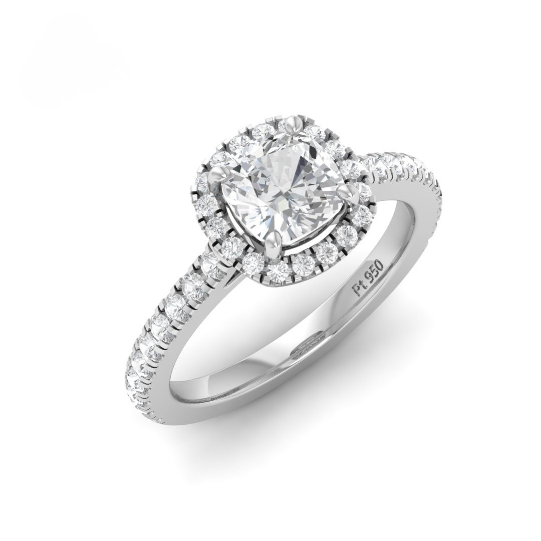 Belle Cushion Cut Diamond Engagement Ring with Diamond Halo & Diamond Band