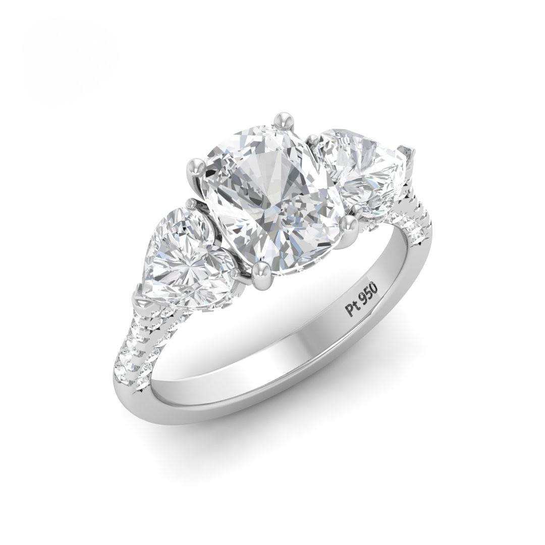 Vidhi Cushion Cut Diamond Engagement Ring with Heart Cut Side Diamonds and 3D Diamond Band