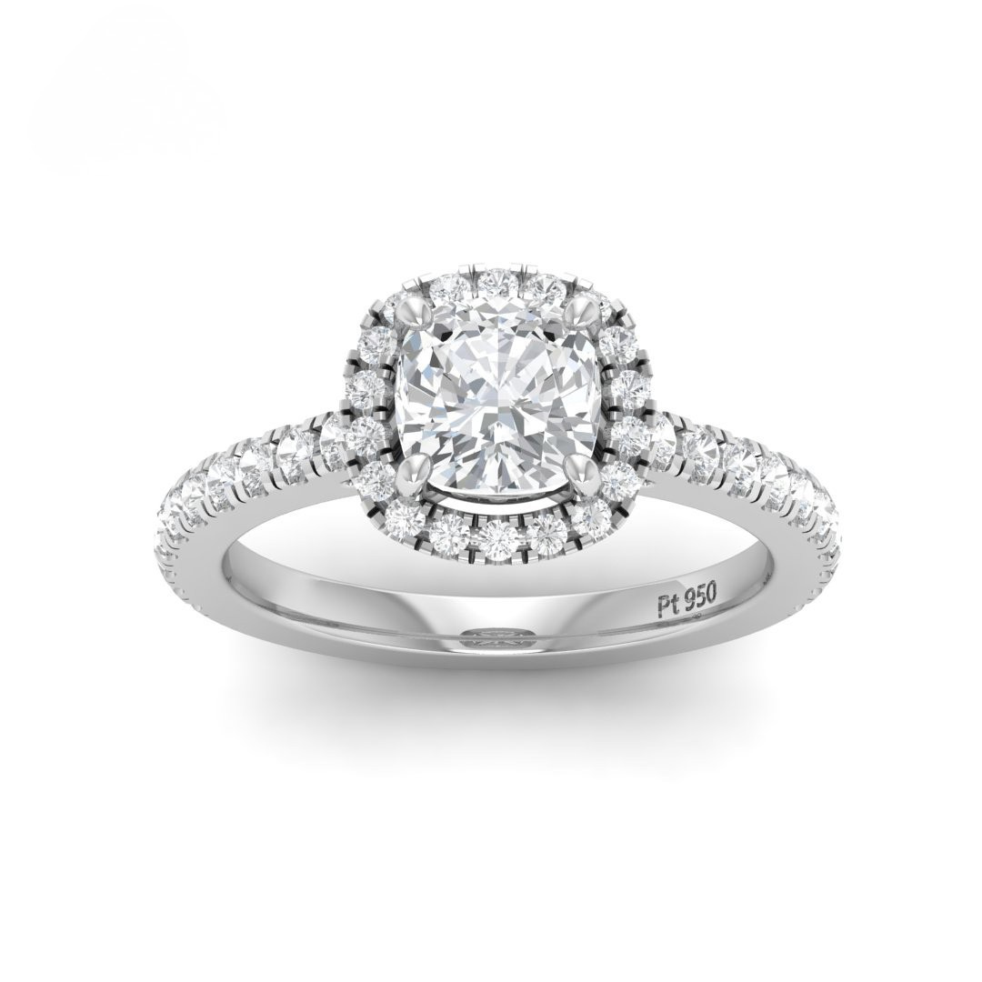 Belle Cushion Cut Diamond Engagement Ring with Diamond Halo & Diamond Band