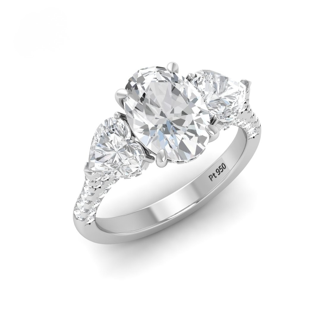 Vidhi Oval Cut Diamond Engagement Ring with Heart Cut Side Diamonds and 3D Diamond Band