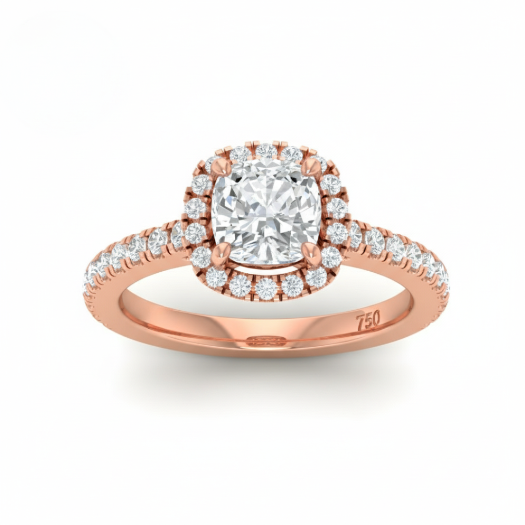 Belle Cushion Cut Diamond Engagement Ring with Diamond Halo & Diamond Band