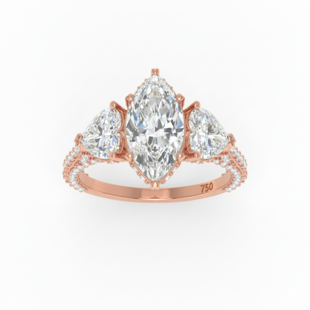 Vidhi Marquise Cut Diamond Engagement Ring with Heart Cut Side Diamonds and 3D Diamond Band