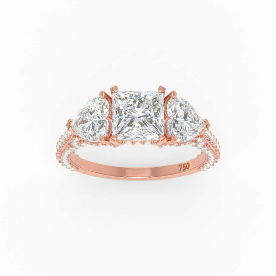 Vidhi Princess Cut Diamond Engagement Ring with Heart Cut Side Diamonds and 3D Diamond Band