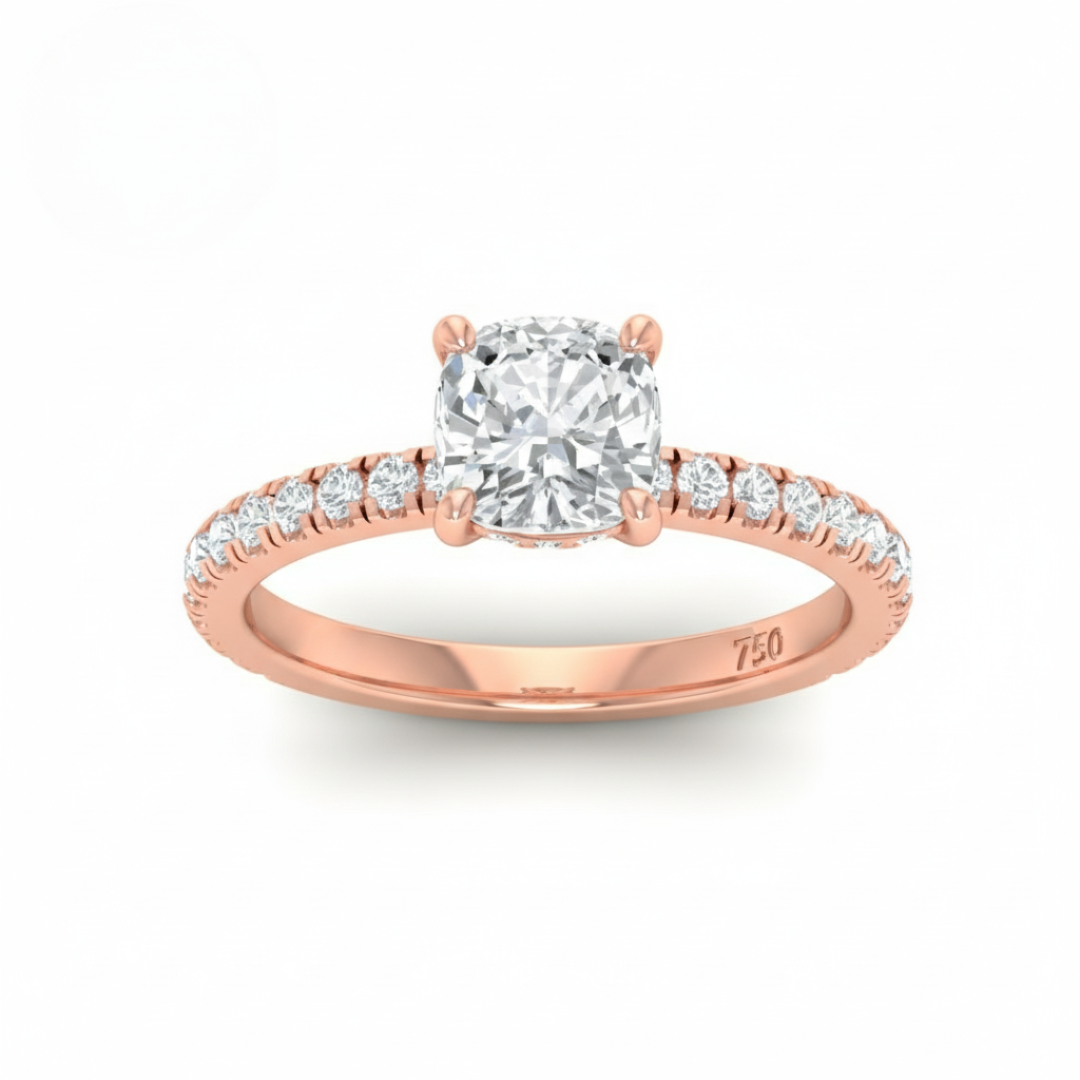 Lila Cushion Cut Diamond Engagement Ring with Diamond Hidden Halo and Diamond Band