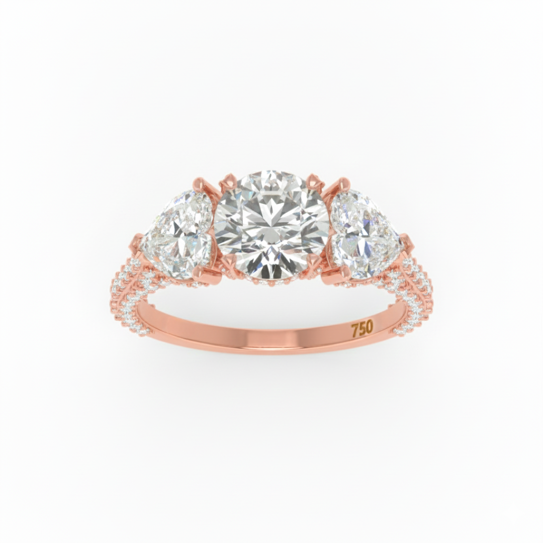 Vidhi Round Cut Diamond Engagement Ring with Heart Cut Side Diamonds and 3D Diamond Band