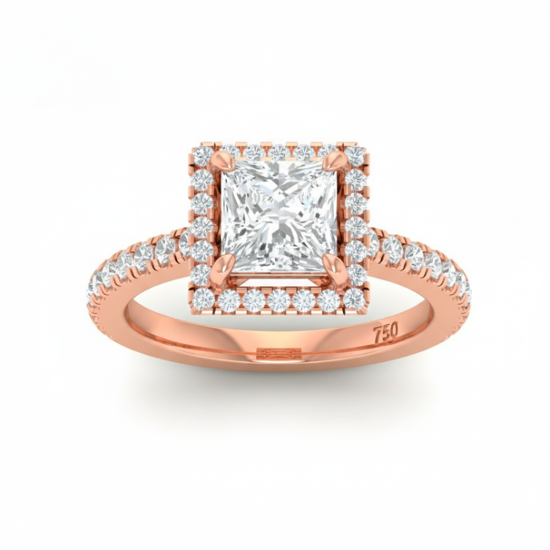 Belle Princess Cut Diamond Engagement Ring with Diamond Halo & Diamond Band