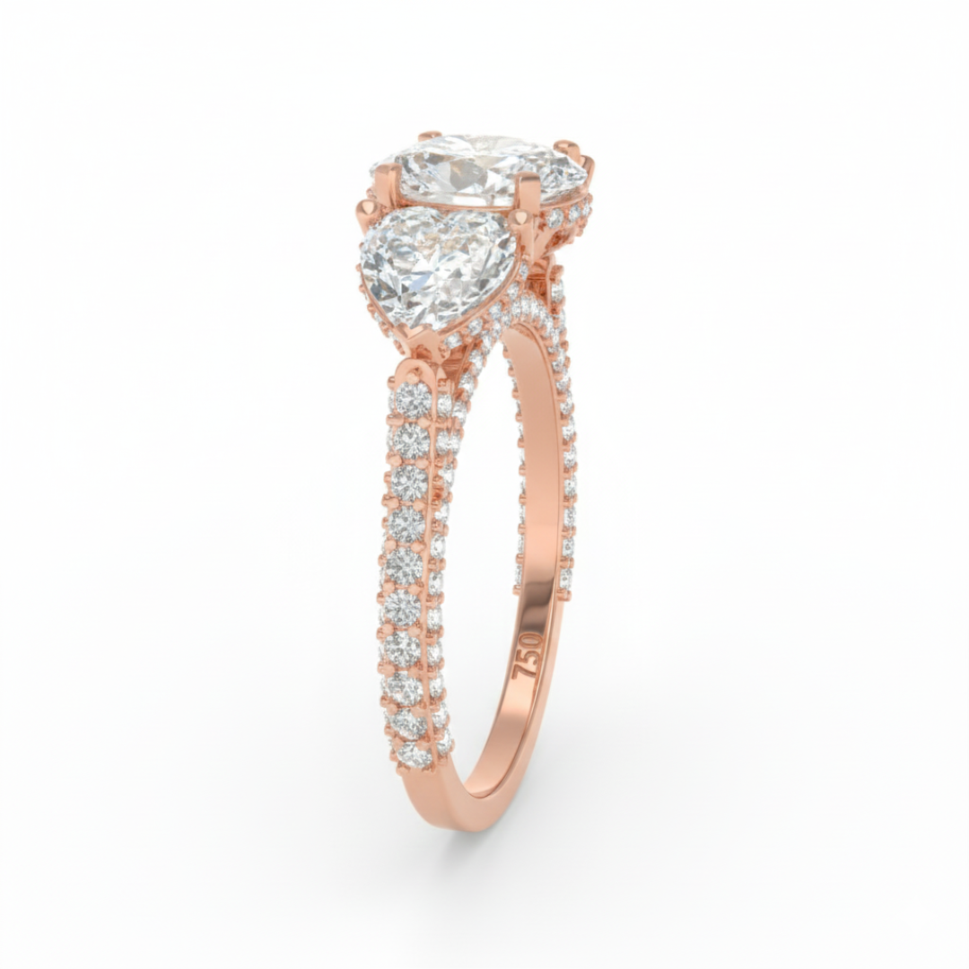 Vidhi Oval Cut Diamond Engagement Ring with Heart Cut Side Diamonds and 3D Diamond Band