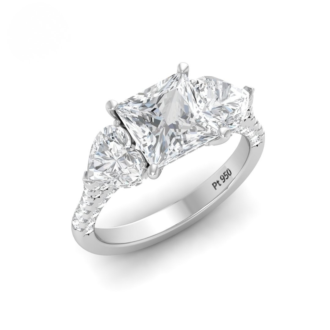 Vidhi Princess Cut Diamond Engagement Ring with Heart Cut Side Diamonds and 3D Diamond Band