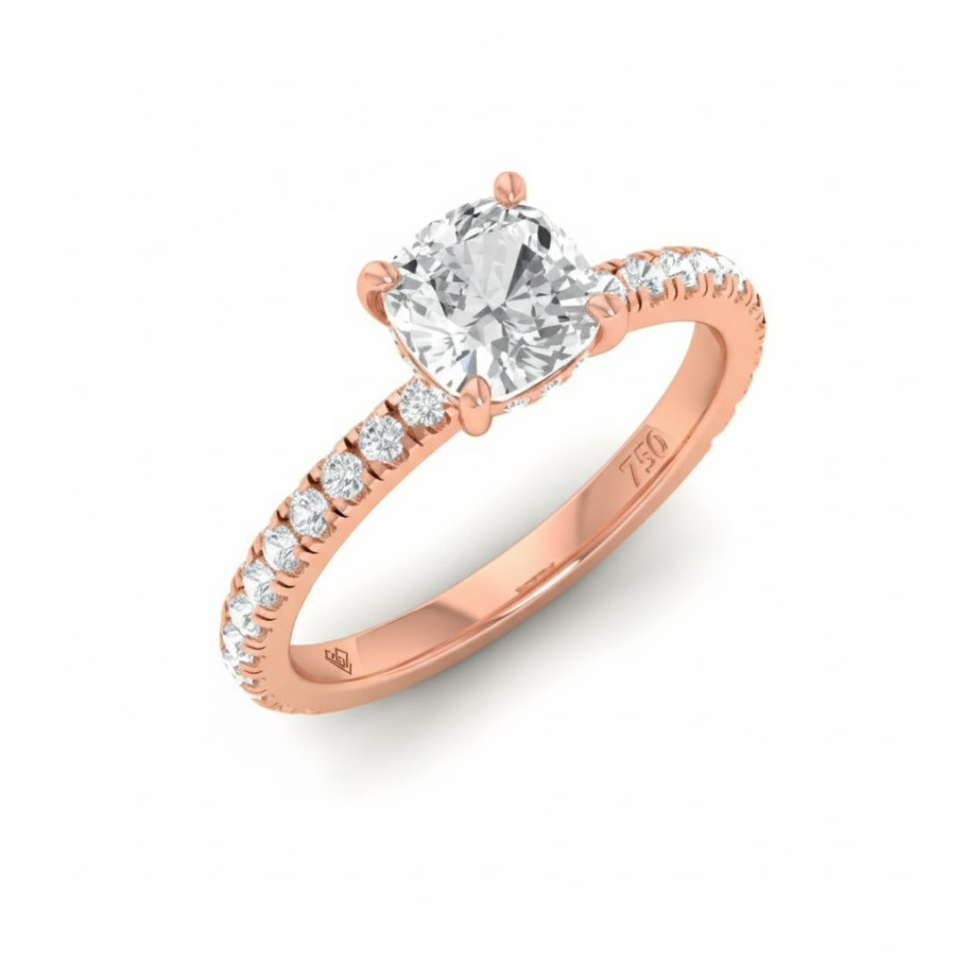 Lila Cushion Cut Diamond Engagement Ring with Diamond Hidden Halo and Diamond Band