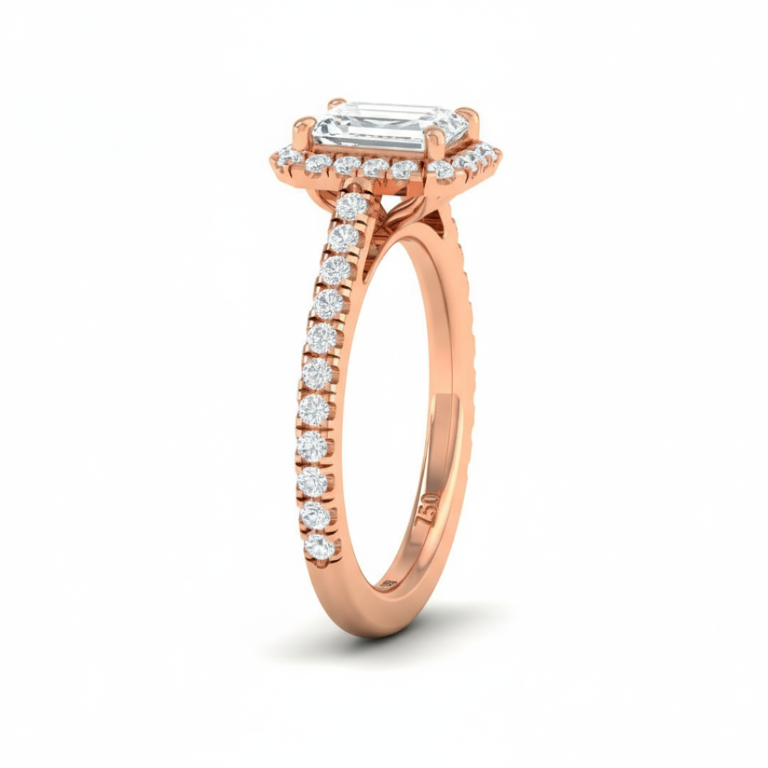 Belle Emerald Cut Diamond Engagement Ring with Diamond Halo & Diamond Band