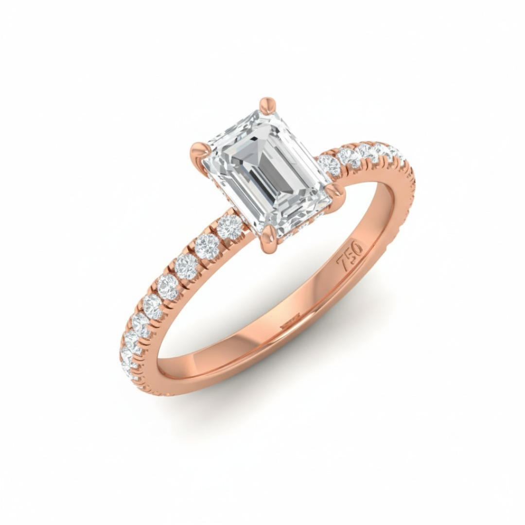 Lila Emerald Cut Diamond Engagement Ring with Diamond Hidden Halo and Diamond Band