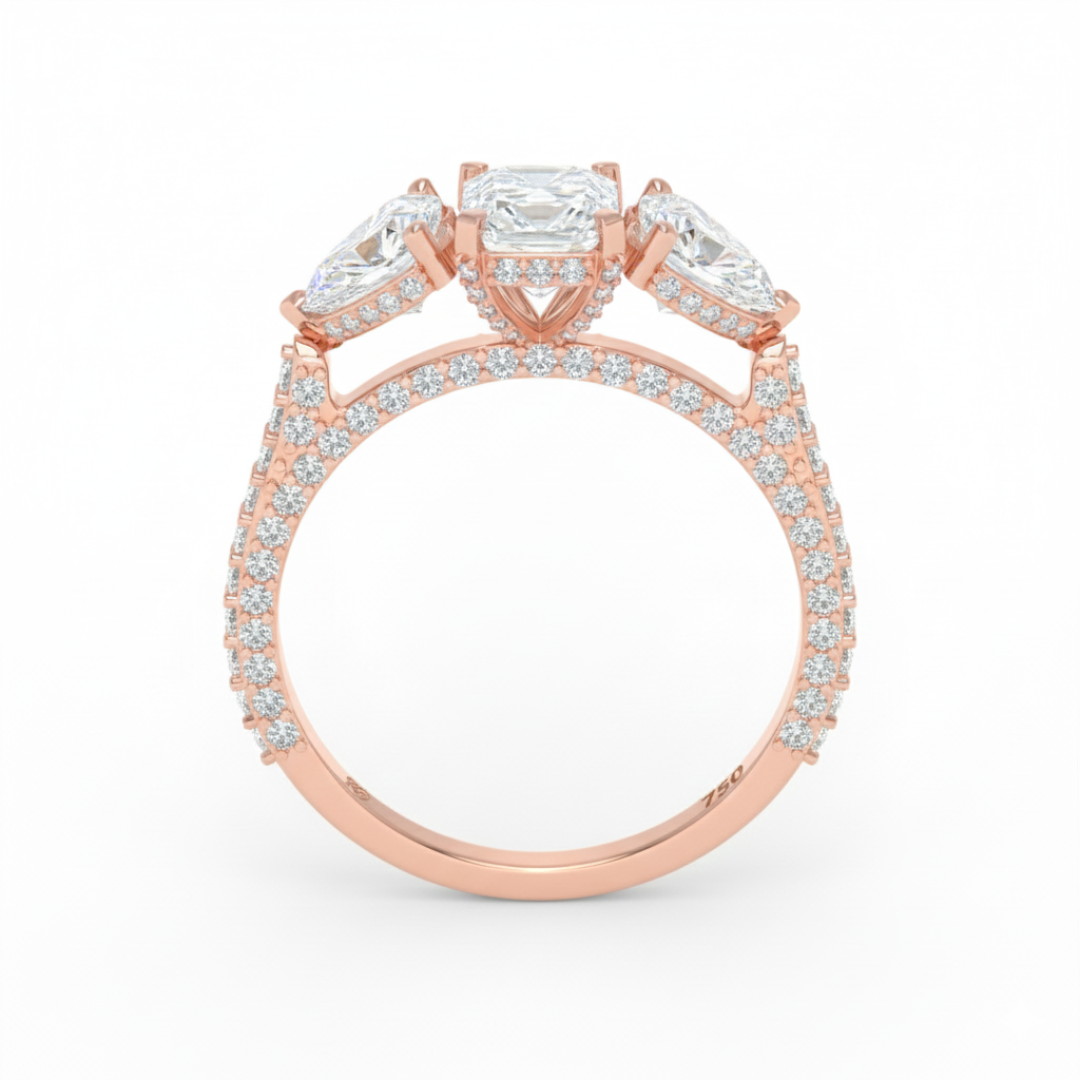 Vidhi Emerald Cut Diamond Engagement Ring with Heart Cut Side Diamonds and 3D Diamond Band