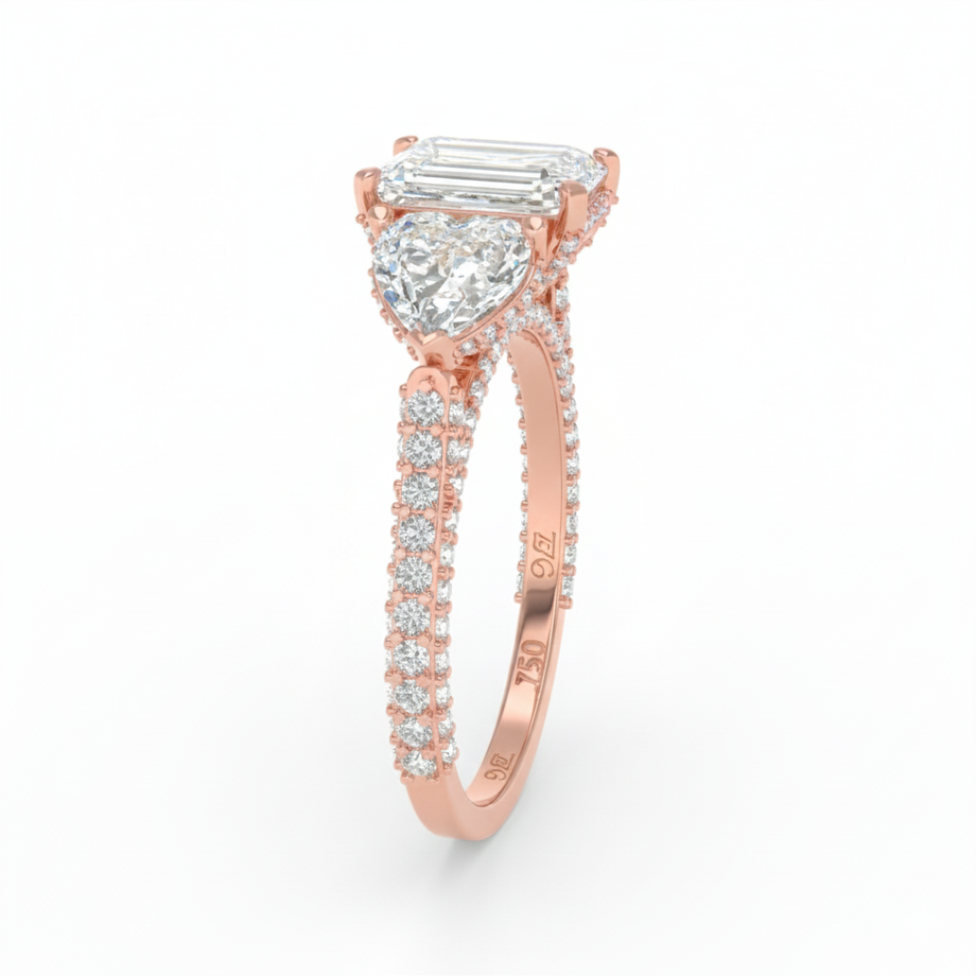 Vidhi Radiant Cut Diamond Engagement Ring with Heart Cut Side Diamonds and 3D Diamond Band