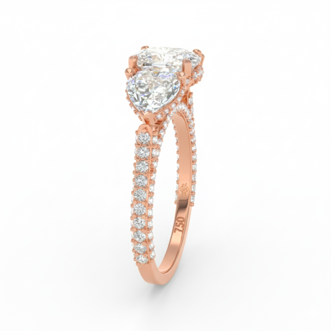 Vidhi Cushion Cut Diamond Engagement Ring with Heart Cut Side Diamonds and 3D Diamond Band