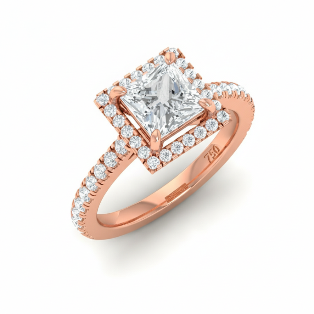 Belle Princess Cut Diamond Engagement Ring with Diamond Halo & Diamond Band