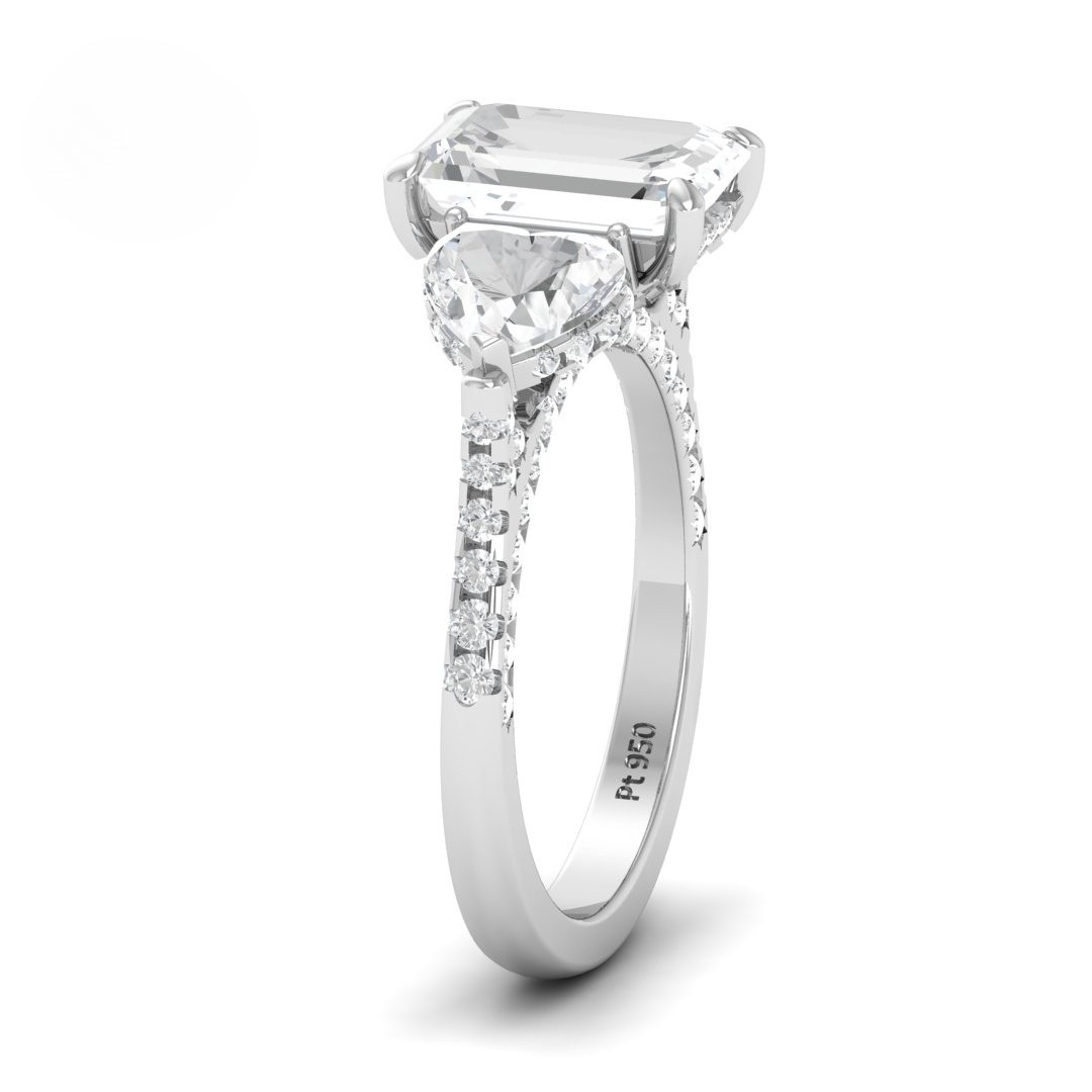 Vidhi Emerald Cut Diamond Engagement Ring with Heart Cut Side Diamonds and 3D Diamond Band