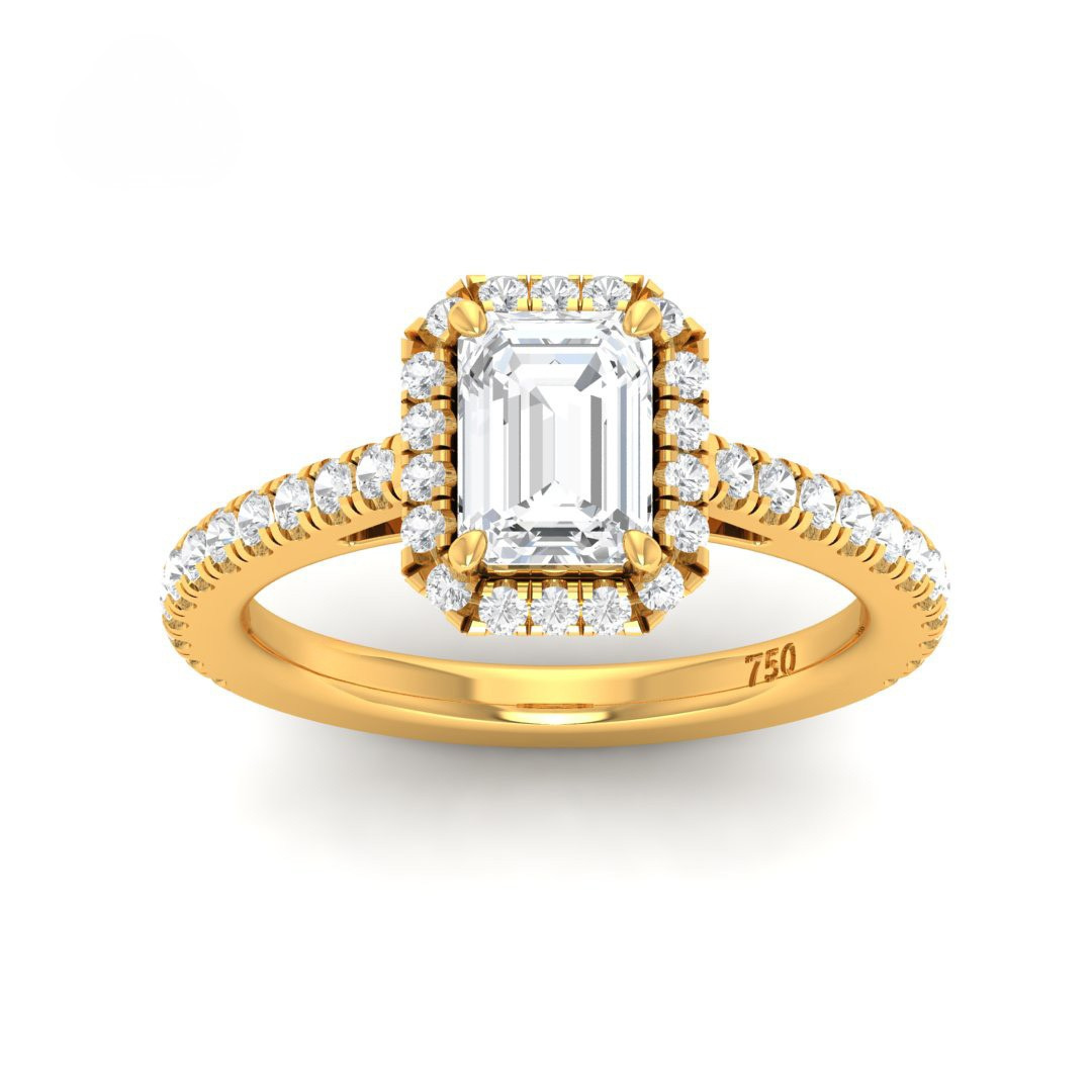 Belle Emerald Cut Diamond Engagement Ring with Diamond Halo & Diamond Band