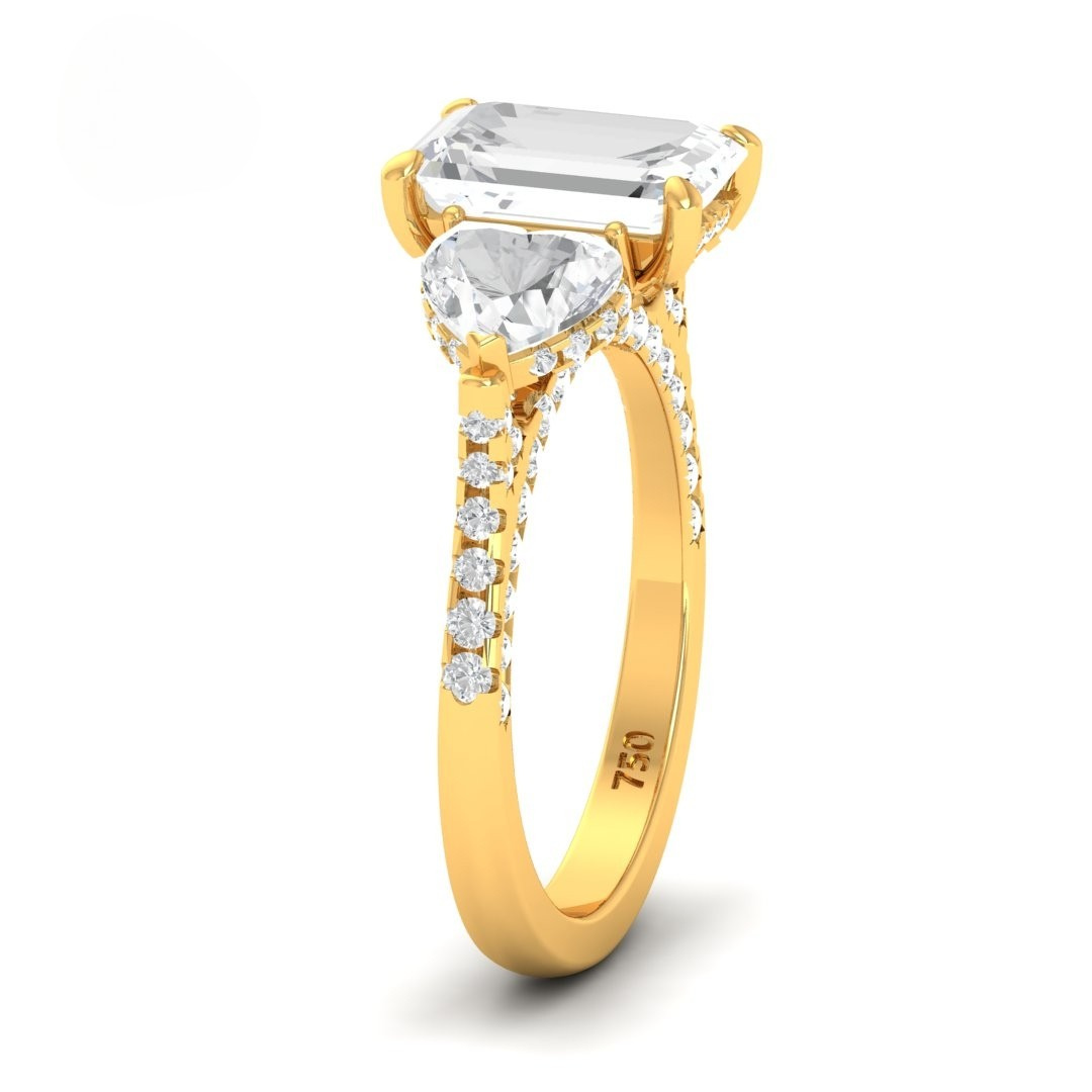 Vidhi Emerald Cut Diamond Engagement Ring with Heart Cut Side Diamonds and 3D Diamond Band