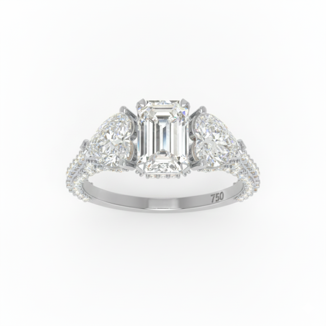 Vidhi Emerald Cut Diamond Engagement Ring with Heart Cut Side Diamonds and 3D Diamond Band