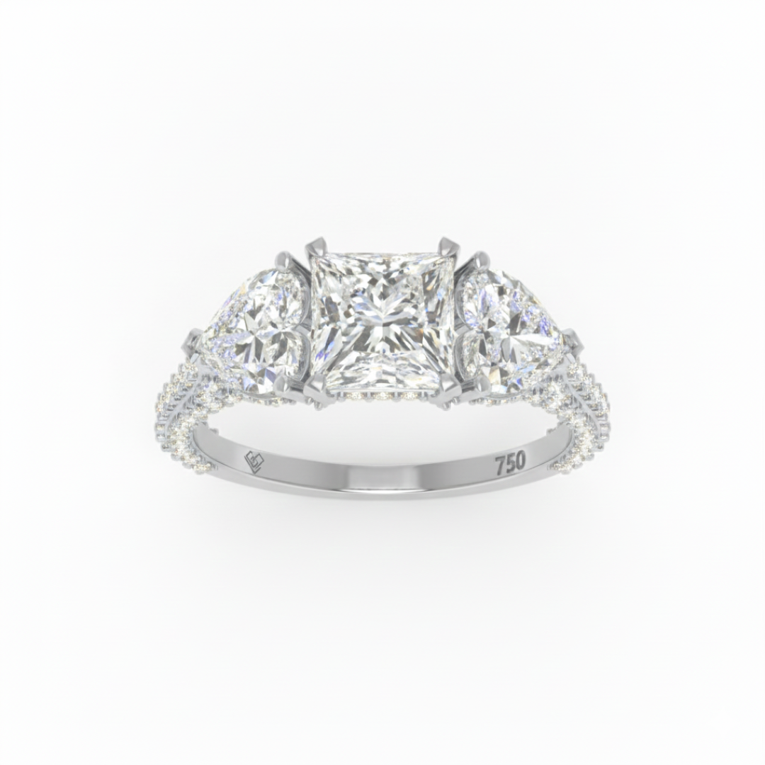 Vidhi Princess Cut Diamond Engagement Ring with Heart Cut Side Diamonds and 3D Diamond Band