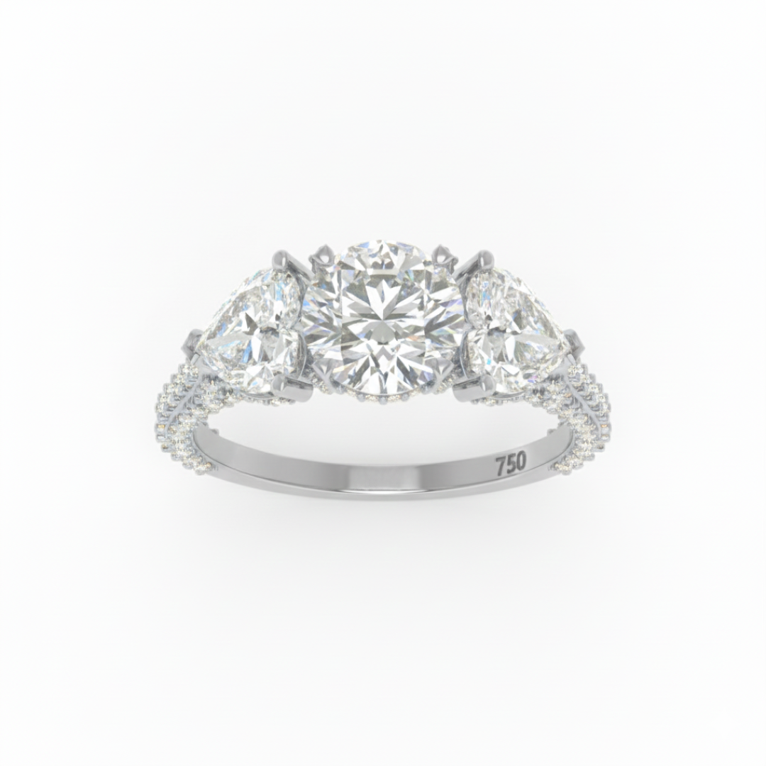 Vidhi Round Cut Diamond Engagement Ring with Heart Cut Side Diamonds and 3D Diamond Band