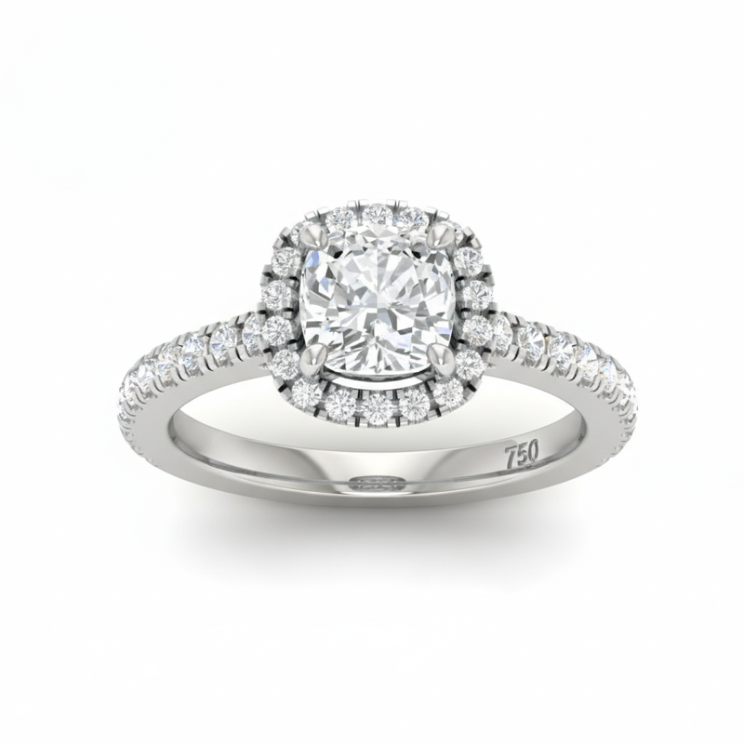 Belle Cushion Cut Diamond Engagement Ring with Diamond Halo & Diamond Band