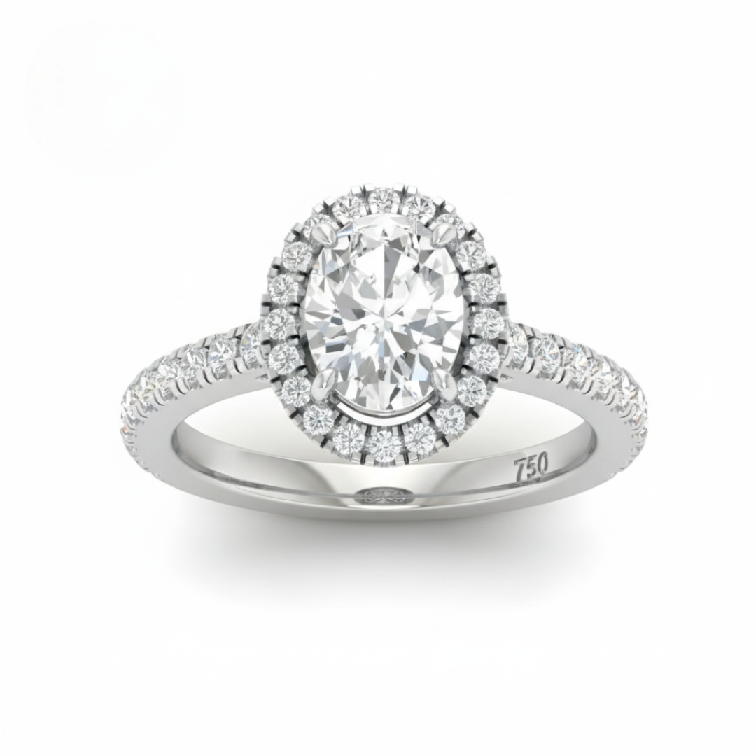Belle Oval Cut Diamond Engagement Ring with Diamond Halo & Diamond Band