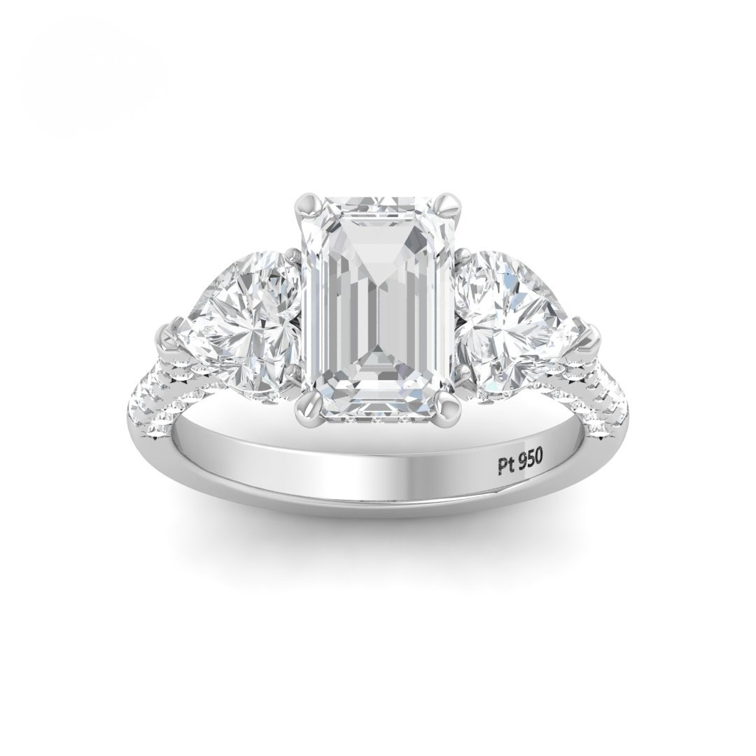 Vidhi Emerald Cut Diamond Engagement Ring with Heart Cut Side Diamonds and 3D Diamond Band