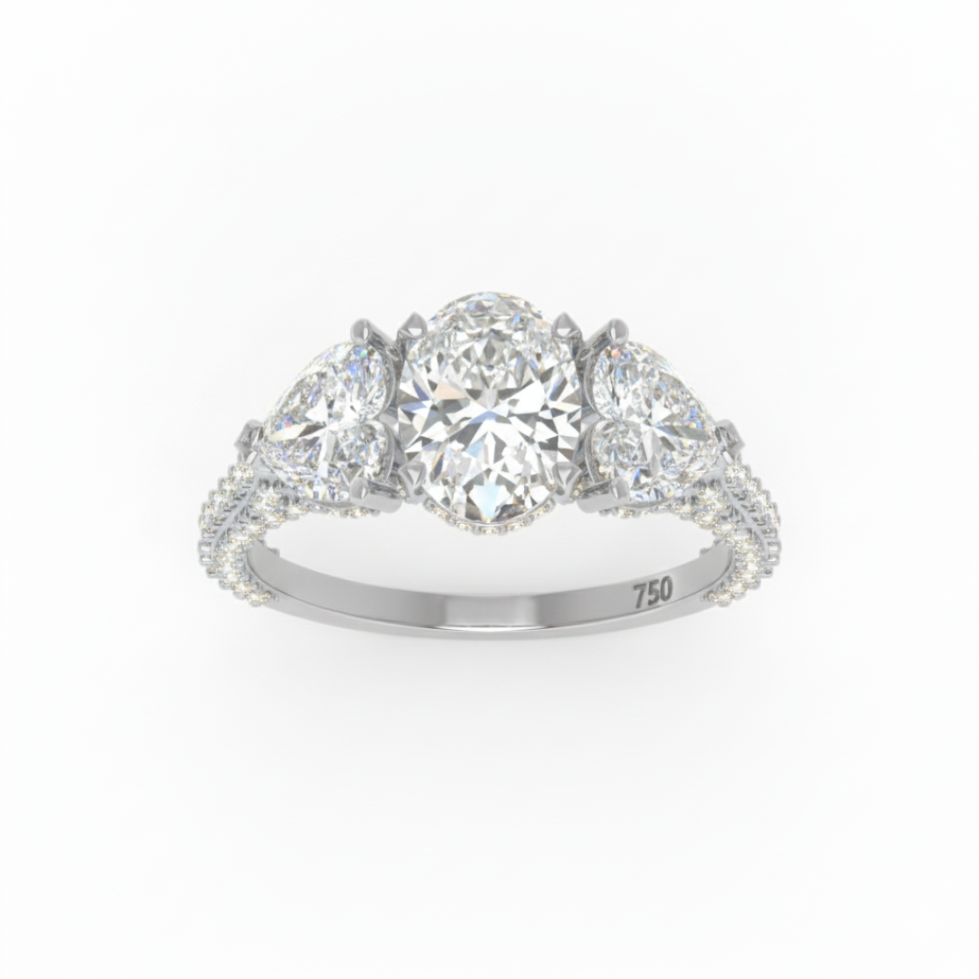 Vidhi Oval Cut Diamond Engagement Ring with Heart Cut Side Diamonds and 3D Diamond Band
