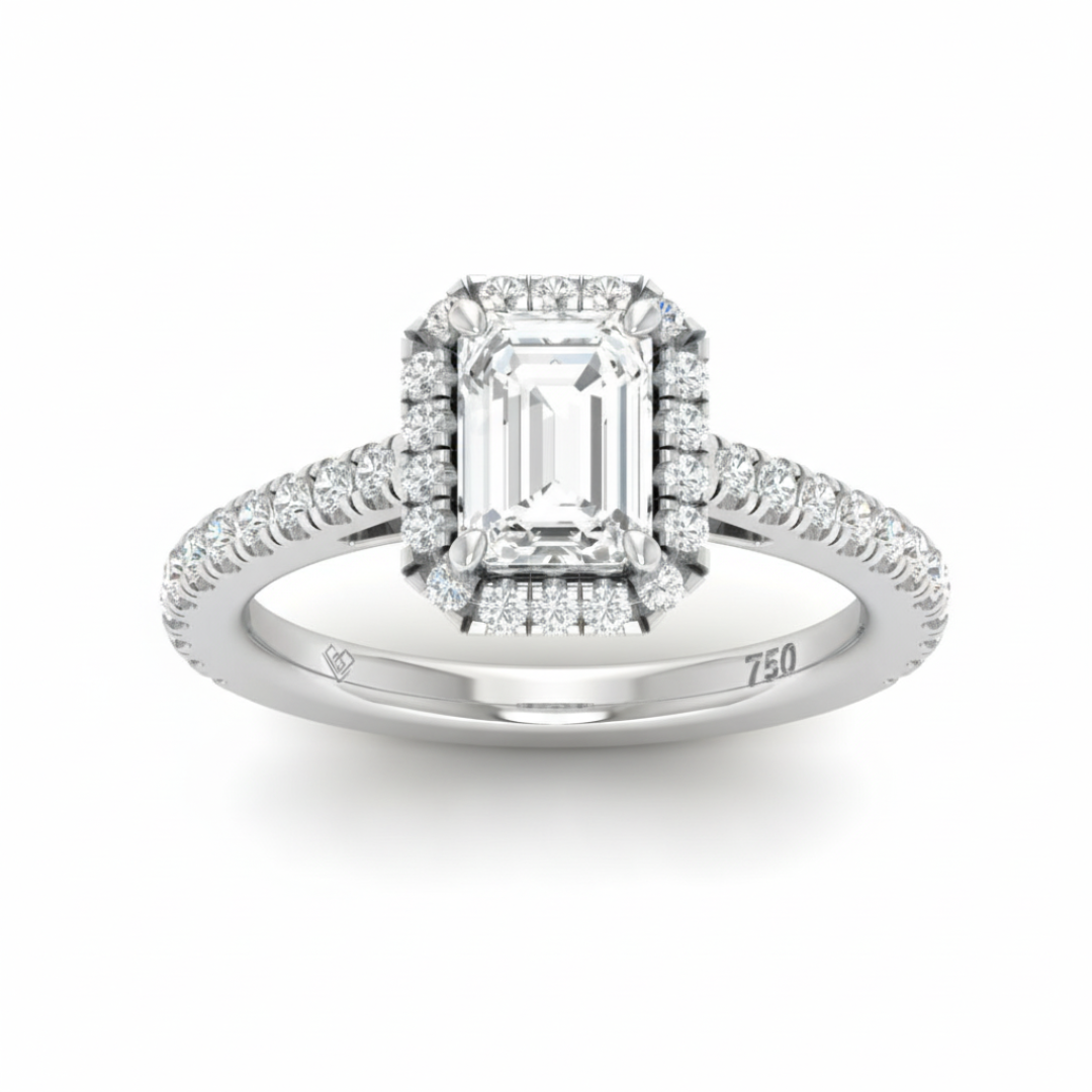 Belle Emerald Cut Diamond Engagement Ring with Diamond Halo & Diamond Band