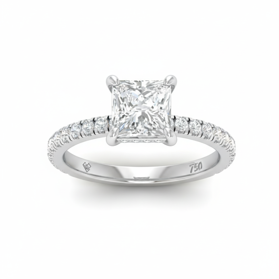 Lila Princess Cut Diamond Engagement Ring with Diamond Hidden Halo and Diamond Band