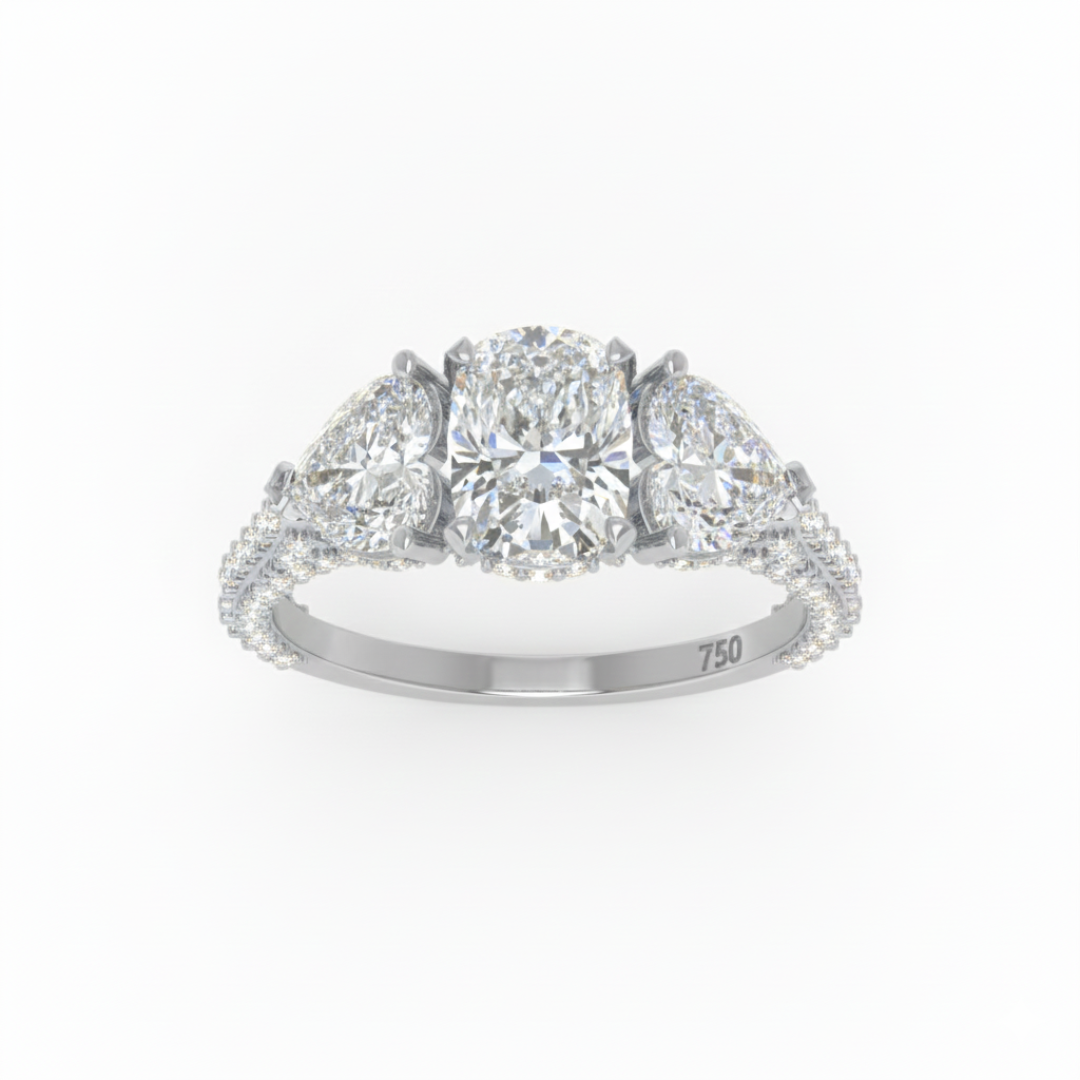 Vidhi Cushion Cut Diamond Engagement Ring with Heart Cut Side Diamonds and 3D Diamond Band