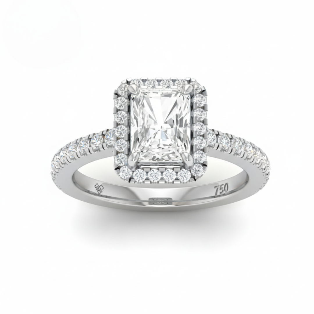 Belle Radiant Cut Diamond Engagement Ring with Diamond Halo & Diamond Band