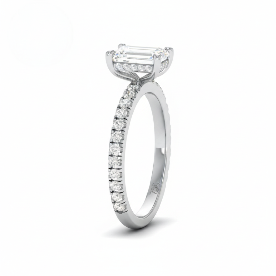Lila Emerald Cut Diamond Engagement Ring with Diamond Hidden Halo and Diamond Band