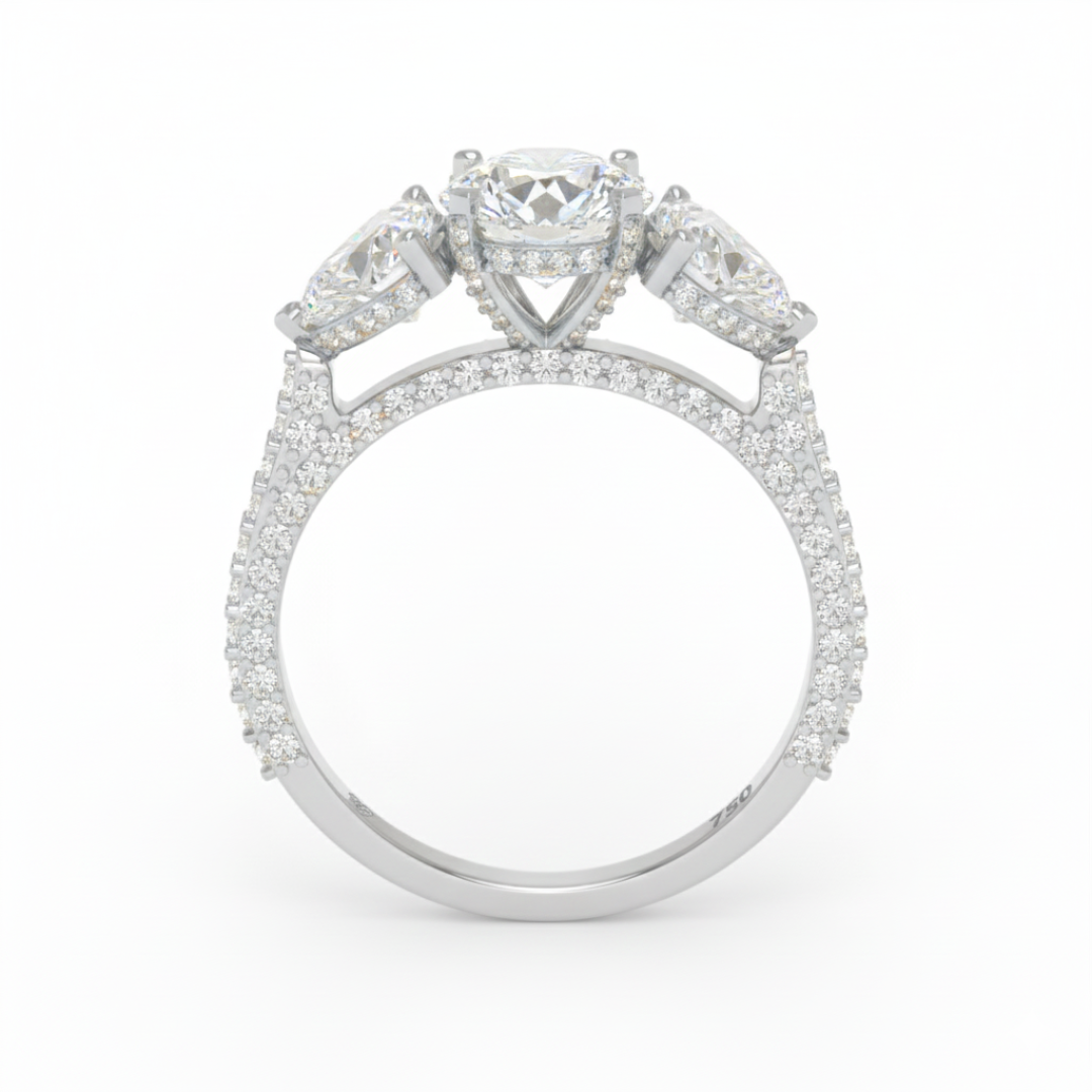 Vidhi Round Cut Diamond Engagement Ring with Heart Cut Side Diamonds and 3D Diamond Band