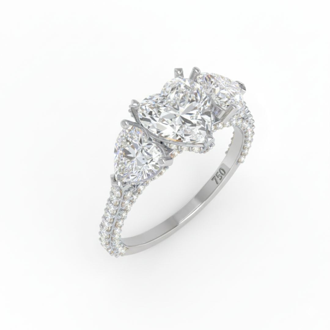 Vidhi Heart Cut Diamond Engagement Ring with Heart Cut Side Diamonds and 3D Diamond Band