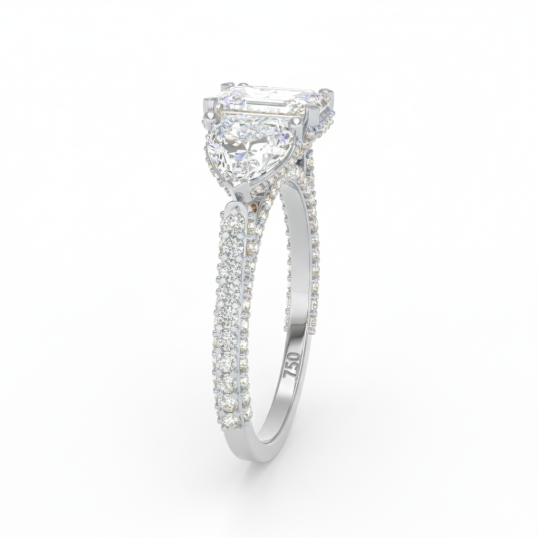 Vidhi Emerald Cut Diamond Engagement Ring with Heart Cut Side Diamonds and 3D Diamond Band