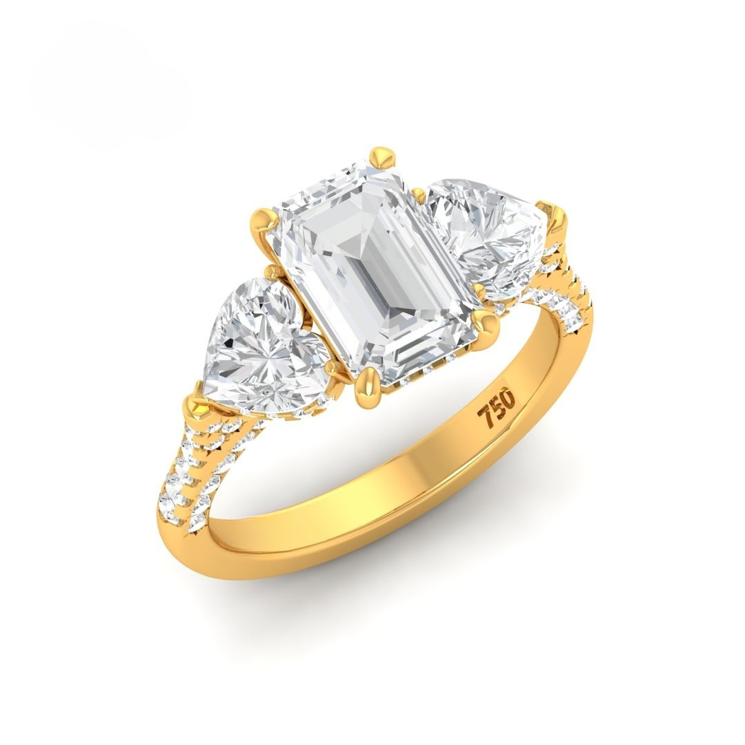 Vidhi Emerald Cut Diamond Engagement Ring with Heart Cut Side Diamonds and 3D Diamond Band