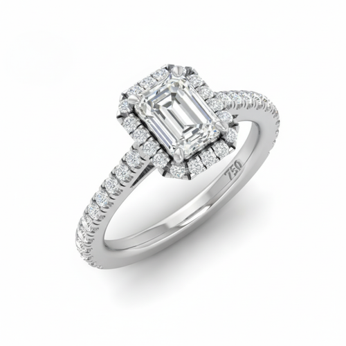 Load image 1 in gallery view. Belle Emerald Cut Diamond Engagement Ring with Diamond Halo & Diamond Band