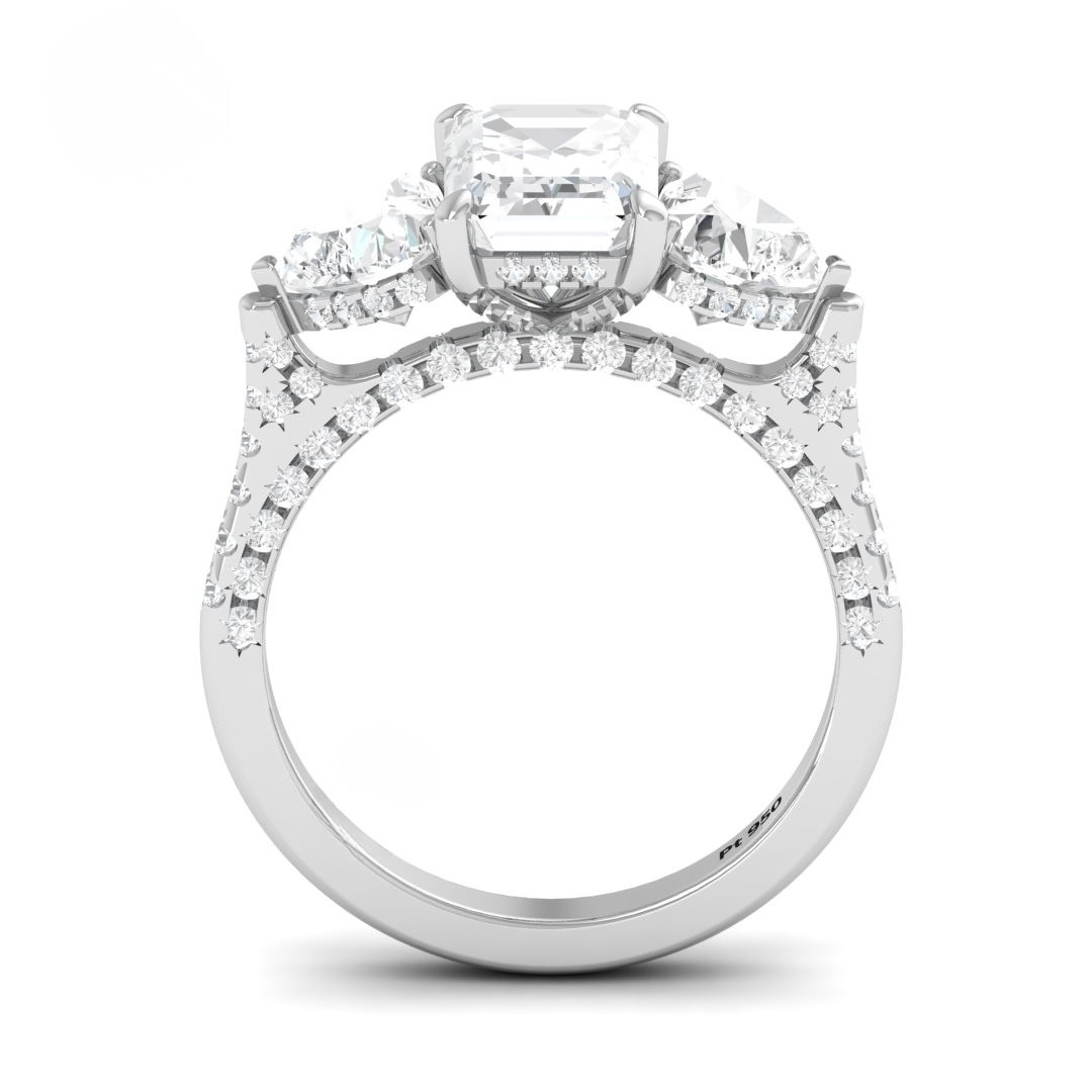 Vidhi Emerald Cut Diamond Engagement Ring with Heart Cut Side Diamonds and 3D Diamond Band